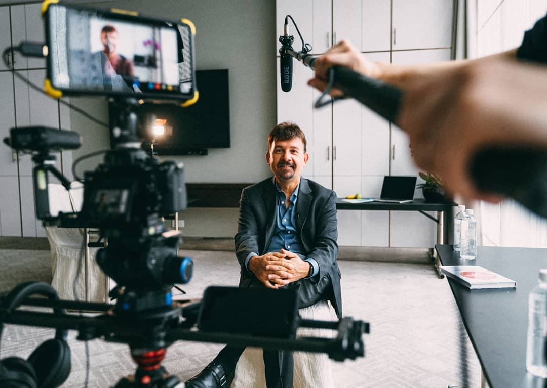 Joseph Michelli recording the podcast